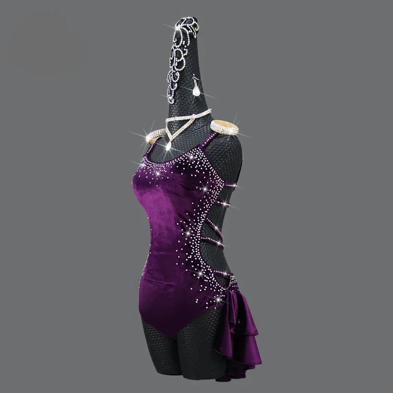 Purple Velvet Latin Dance Competition Bustle Dress Line Skirts Stage Costume