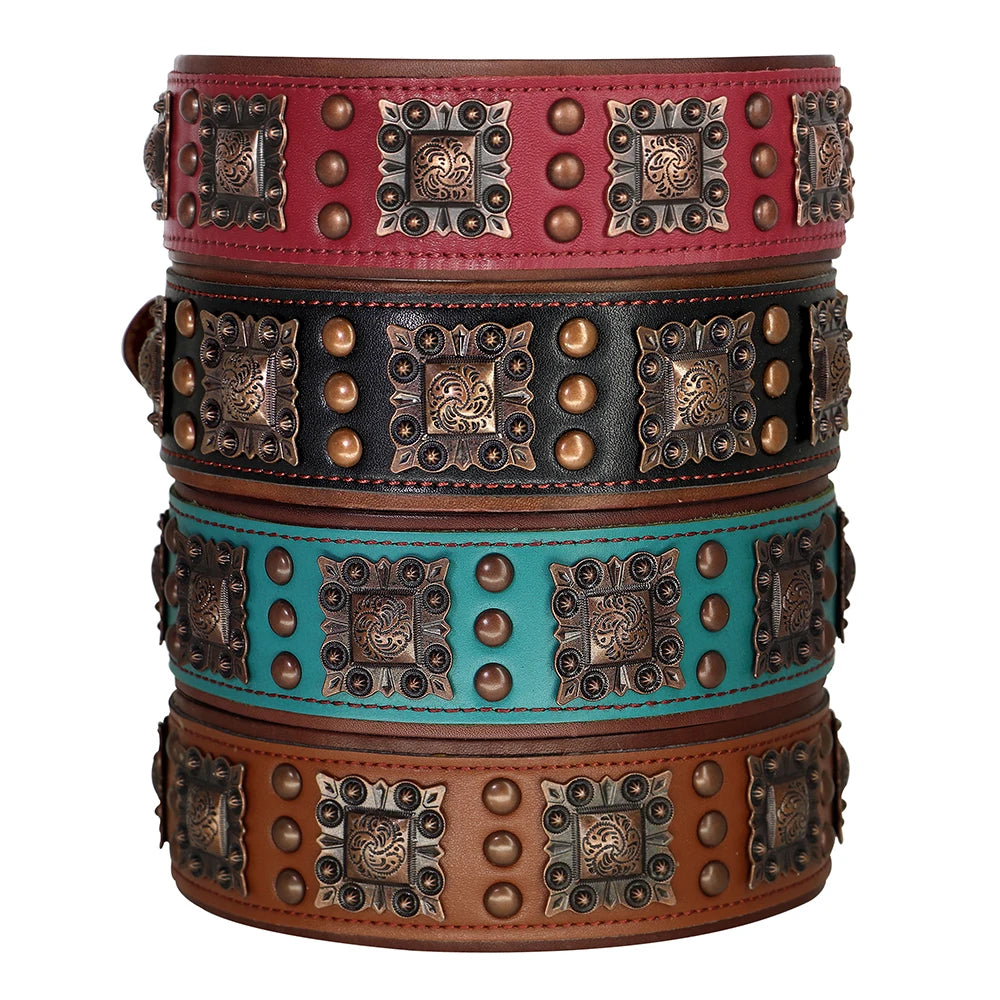 Genuine Leather Dog Collar 2inch Wide Rivet Spikes Collars for Medium Large Dogs Medieval Cosplay