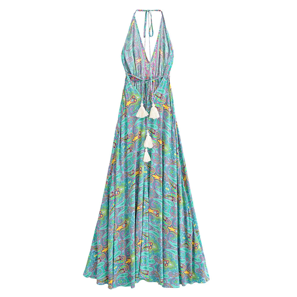 Nahlia's Wild Floral Backless Beach Boho Maxi Dress