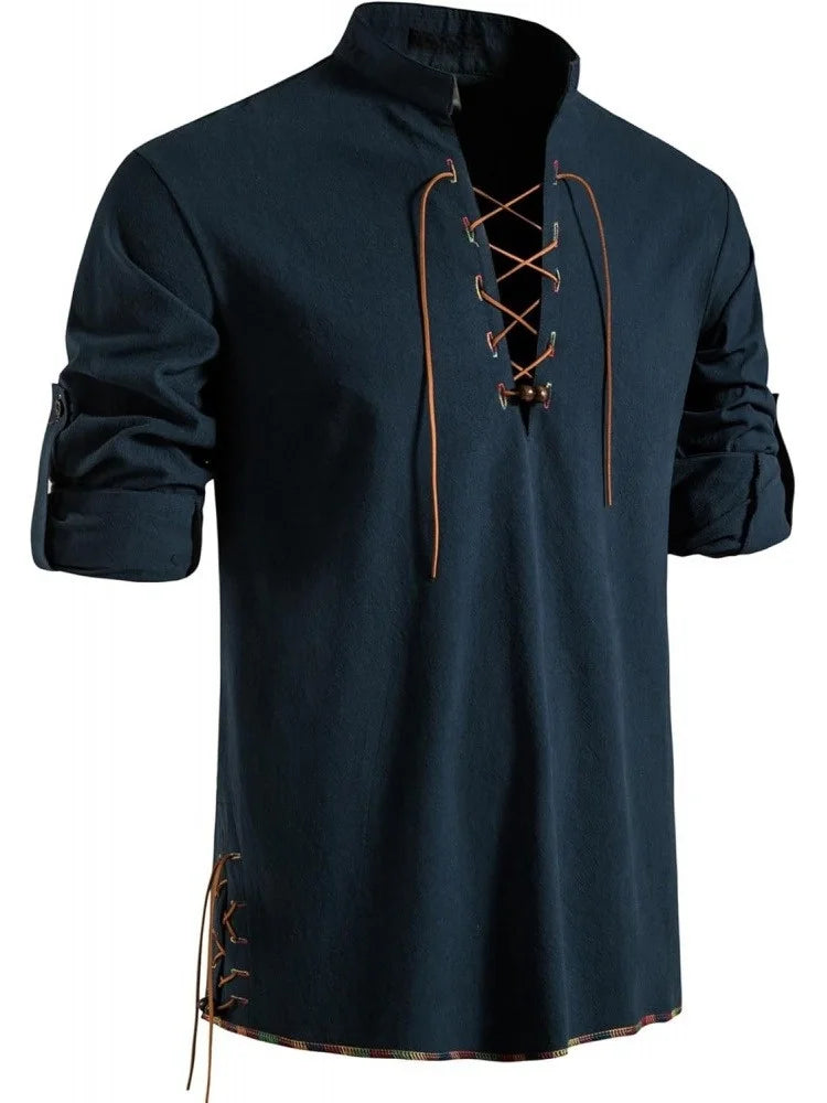 Men's Pure Cotton Medieval Lace Up Shirts Renaissance Pirate Viking T-shirt