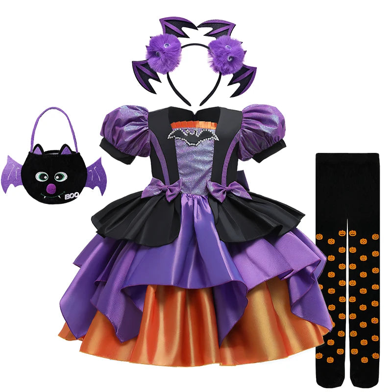 Halloween Bat Cosplay Purple Orange Witch Dress for Girls Children's Costumes