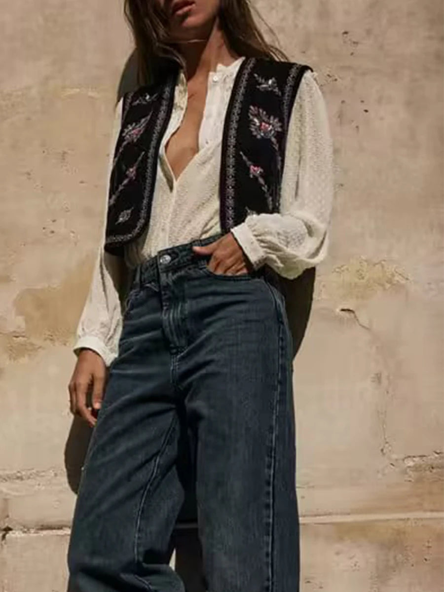 Janet's Floral Embroidered Velvet Vest Waistcoat