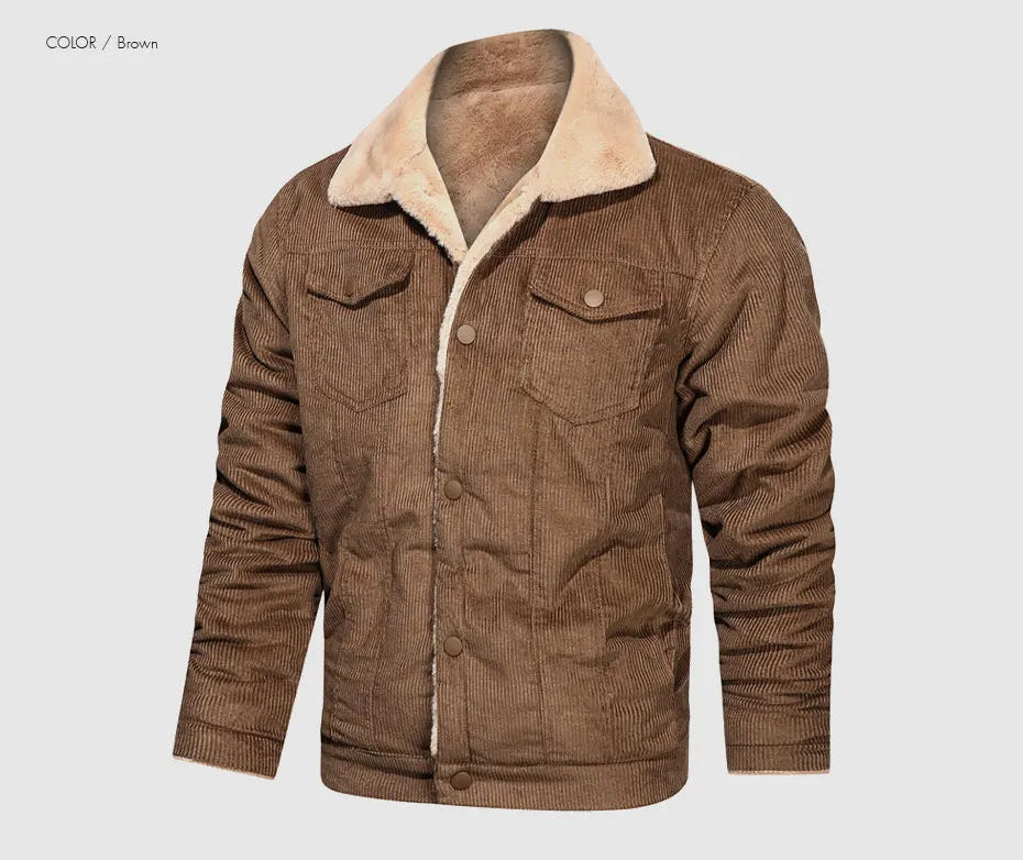 Woodsman Winter Corduroy Jackets Thick Warm Faux Fur Collar Bomber Coat