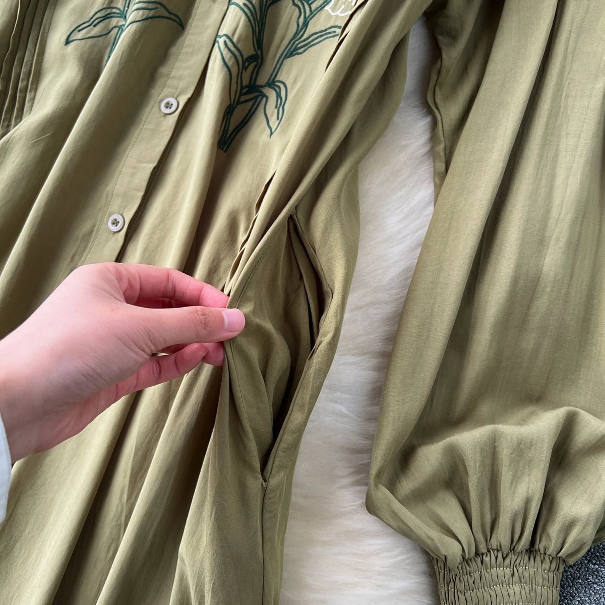 Olive's Embroidered Long Sleeve Shirt Dress