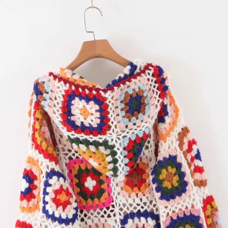 Granny Square Hand Crochet Mohair Hooded Long Cardigan