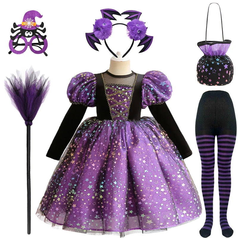Purple Witch Girls Halloween Costume Star Tulle Party Dresses with Props