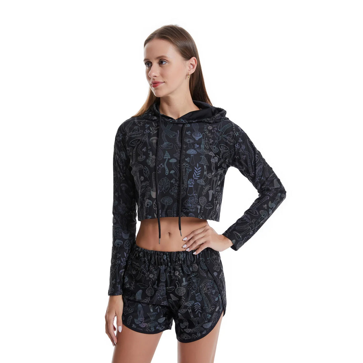 Reflective Mushroom Print Shorts Cropped Hoodie