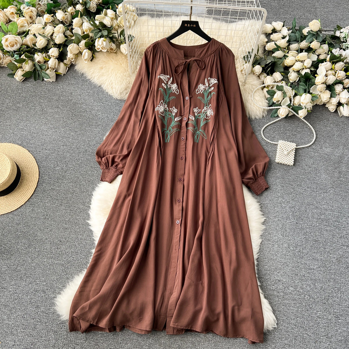 Olive's Embroidered Long Sleeve Shirt Dress