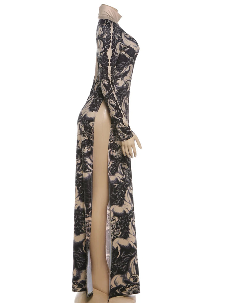 Wild Horses Full Sleeve Long Bodycon Dress Stretch