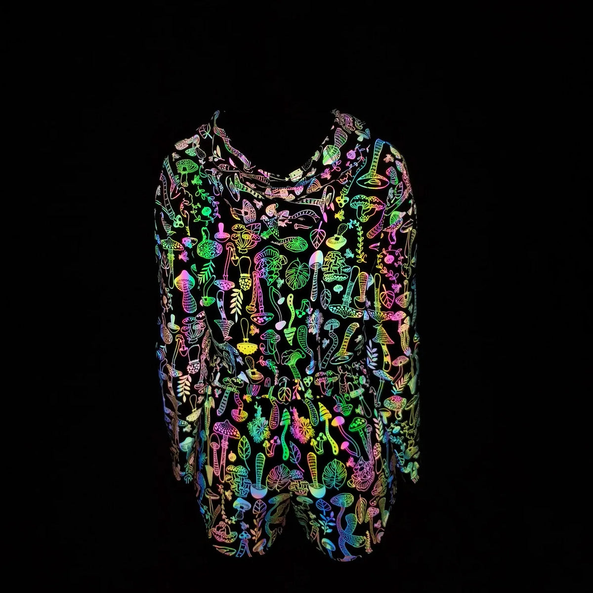Reflective Mushroom Print Shorts Cropped Hoodie
