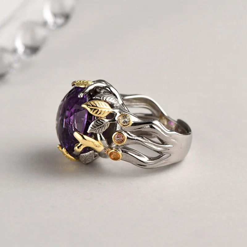 The Weaver's Treasures S925 Sterling Silver Rings Golden Leaves Natural Amethyst Tourmaline