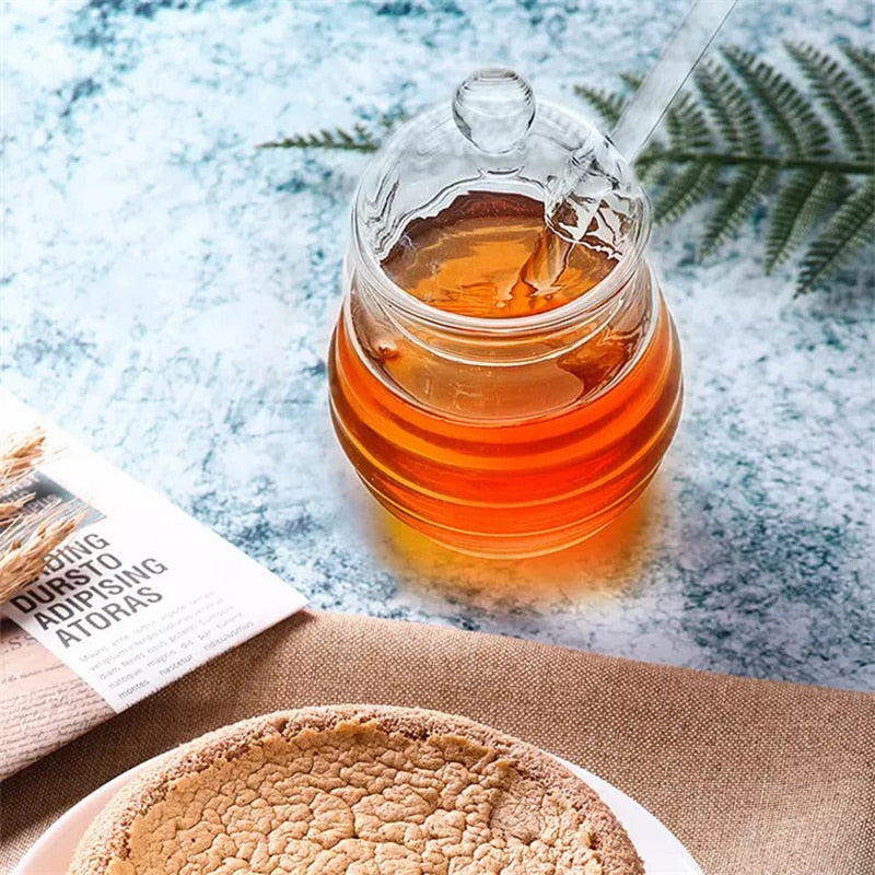 Glass Honey Bottle Honeycomb Bee Container with Dipper and Lid