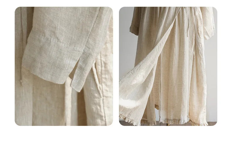 Evie's Vintage French Style Cotton Linen Dress Long Sleeveless Loose Wrap