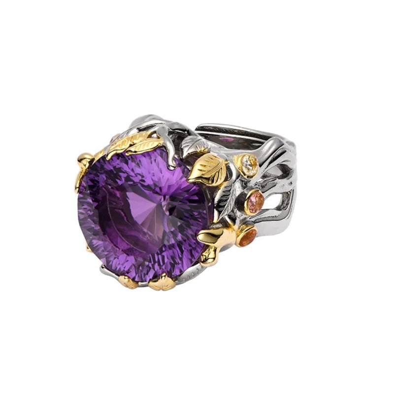 The Weaver's Treasures S925 Sterling Silver Rings Golden Leaves Natural Amethyst Tourmaline