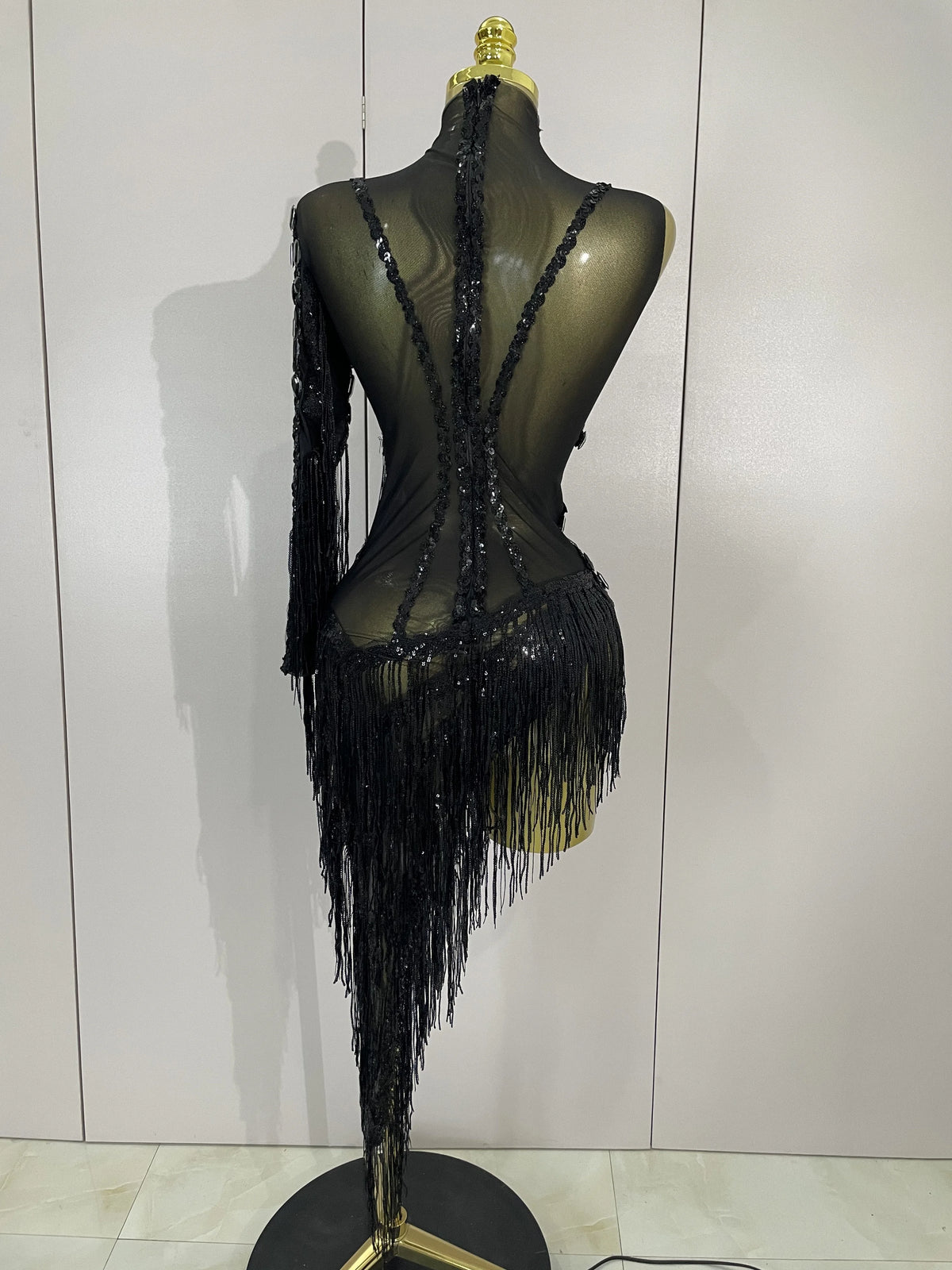Sparkly Rhinestones Fringed Latin Dance Outfits Stage Performance Costume