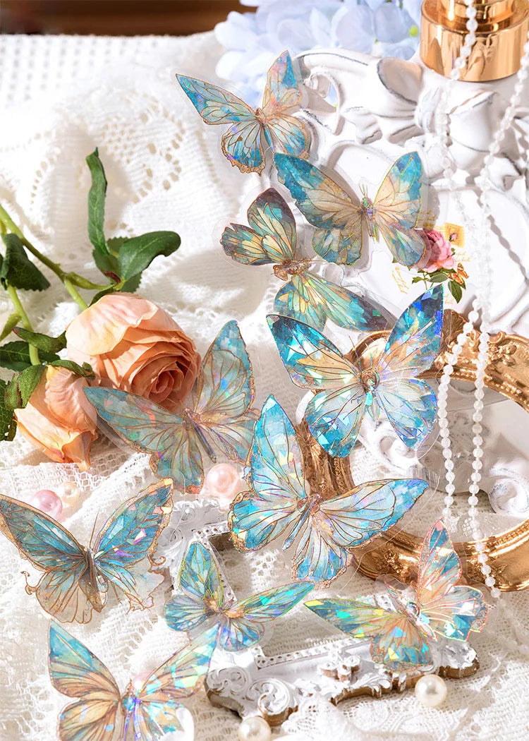 20pcs Ice Crystal Laser Butterfly PET Stickers DIY Scrapbooking Junk Journaling