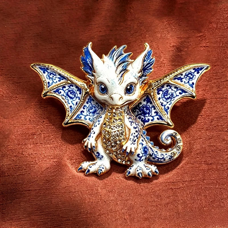 Blue Floral Baby Dragon Enamel Brooch with Rhinestones