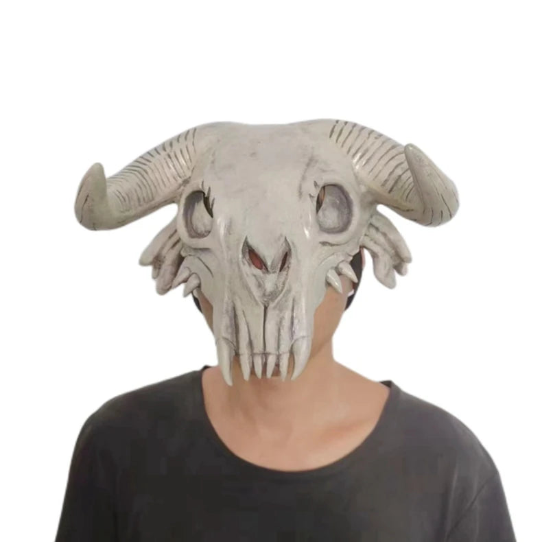 Bull Head Skull Mask Long Horn Totem Helmet Headwear Cosplay Costumes Props Latex Masks