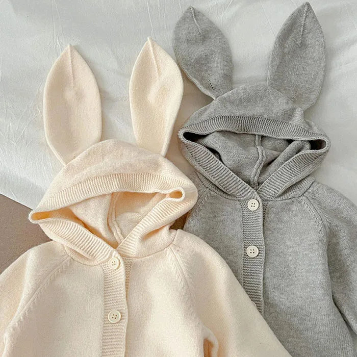 Baby and Toddler Knitted Romper Bear Bunny Ear Hooded Jumpsuits for Boys Girls