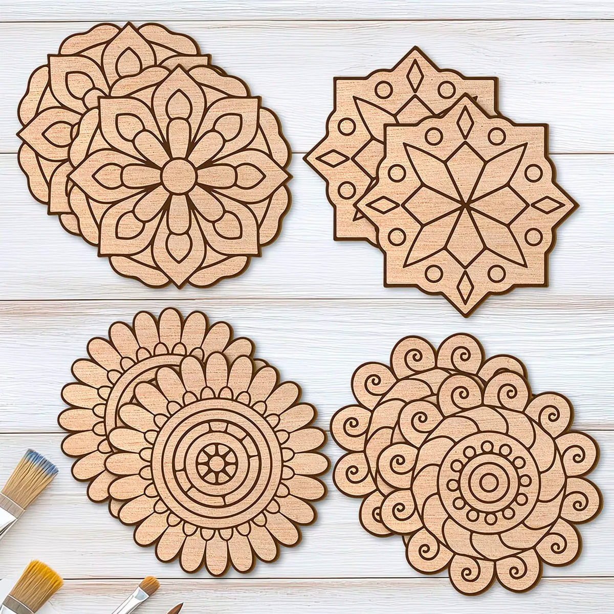 8Pcs Mandala Flower Wooden Shapes Set Unfinished Wood Wall Art DIY Craft