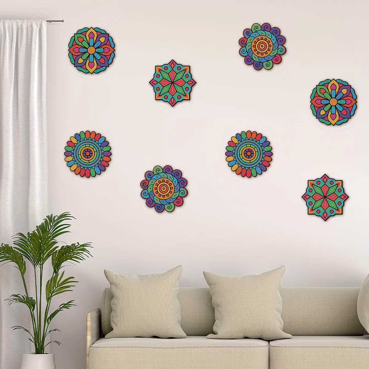 8Pcs Mandala Flower Wooden Shapes Set Unfinished Wood Wall Art DIY Craft