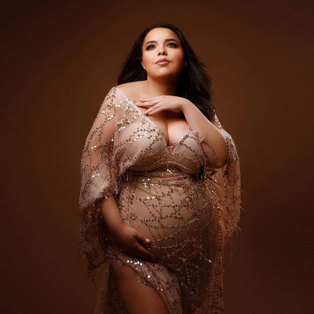 Champagne Gatsby Tulle Maternity Gown Photoshoot Dress