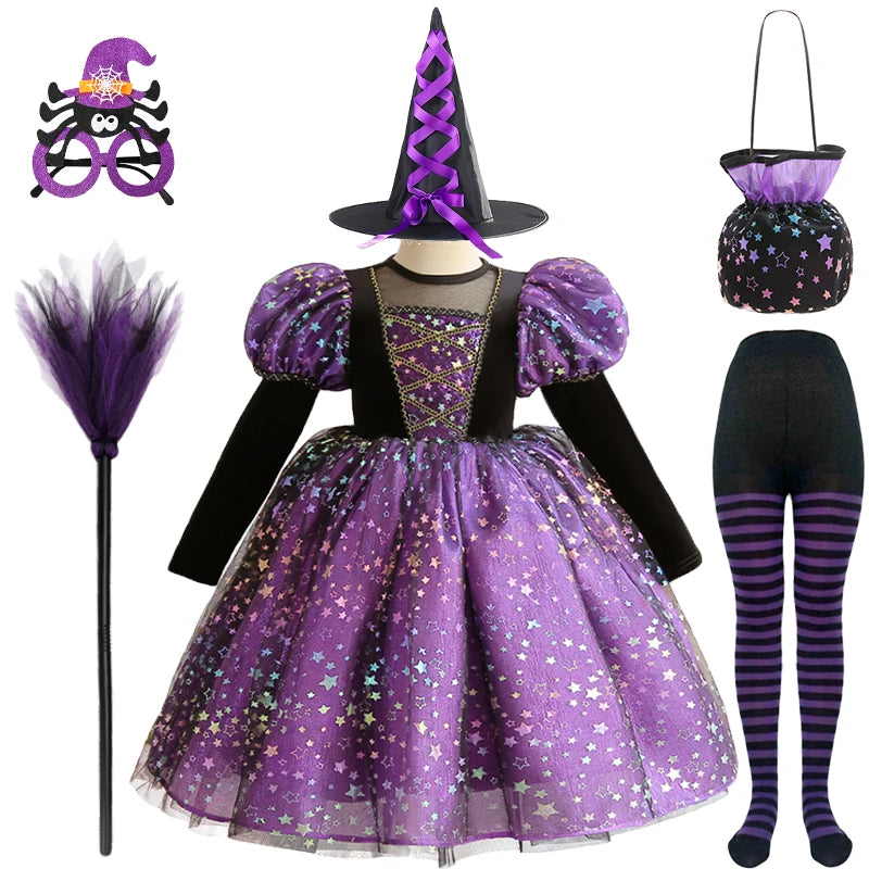 Purple Witch Girls Halloween Costume Star Tulle Party Dresses with Props