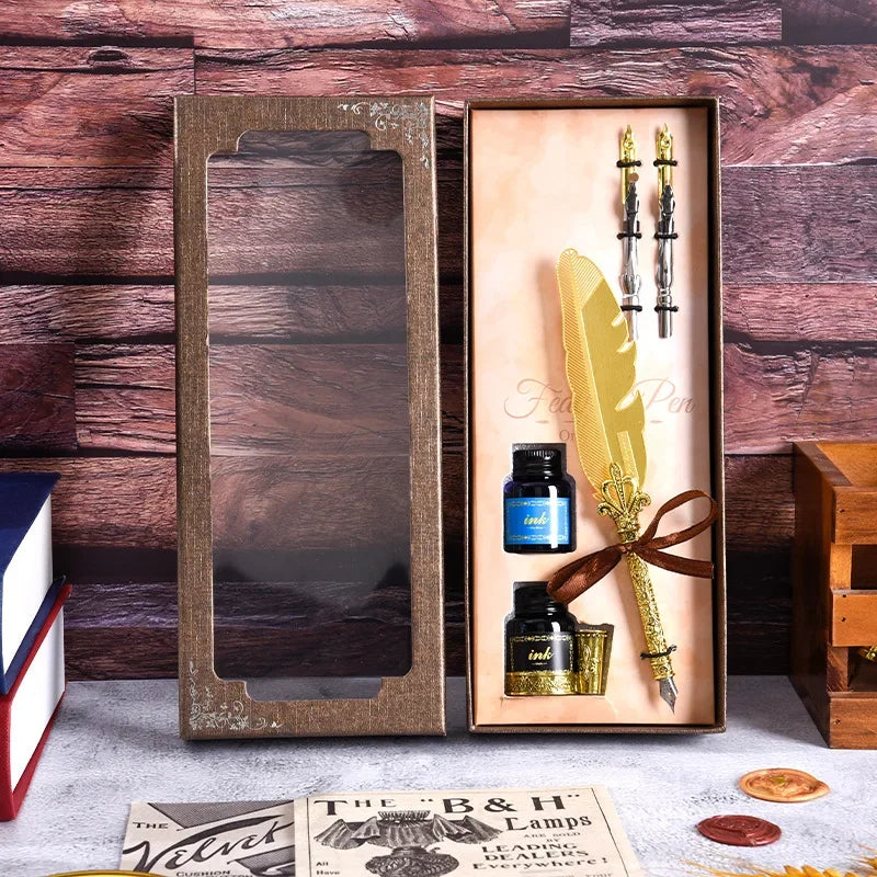 Golden Feather Quill Pens Set Dip Fountain Pens Ink Stationery Writing Gift Box Sets