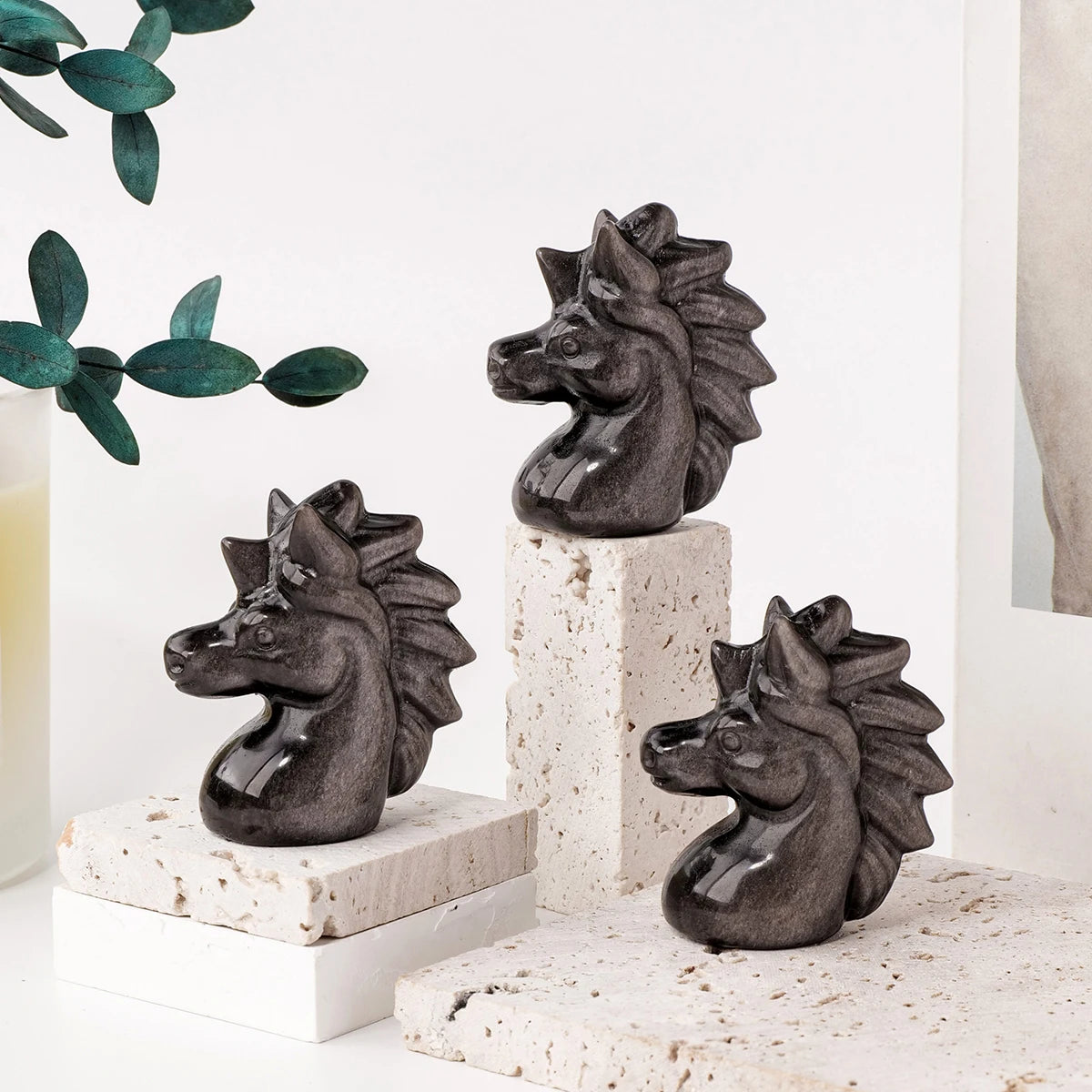 1PC Natural Silvery Obsidian Little Horse Head Crystal Statue