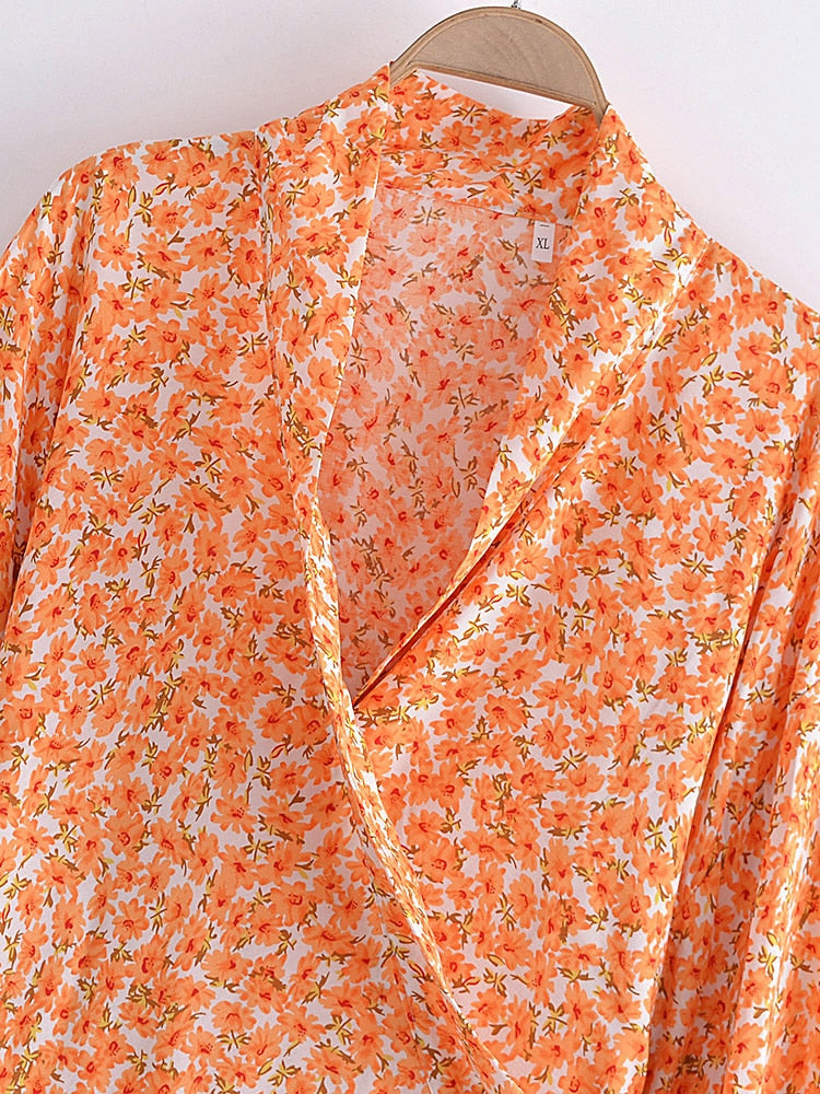 Tangerine Boho Floral Kimono Wrap Top