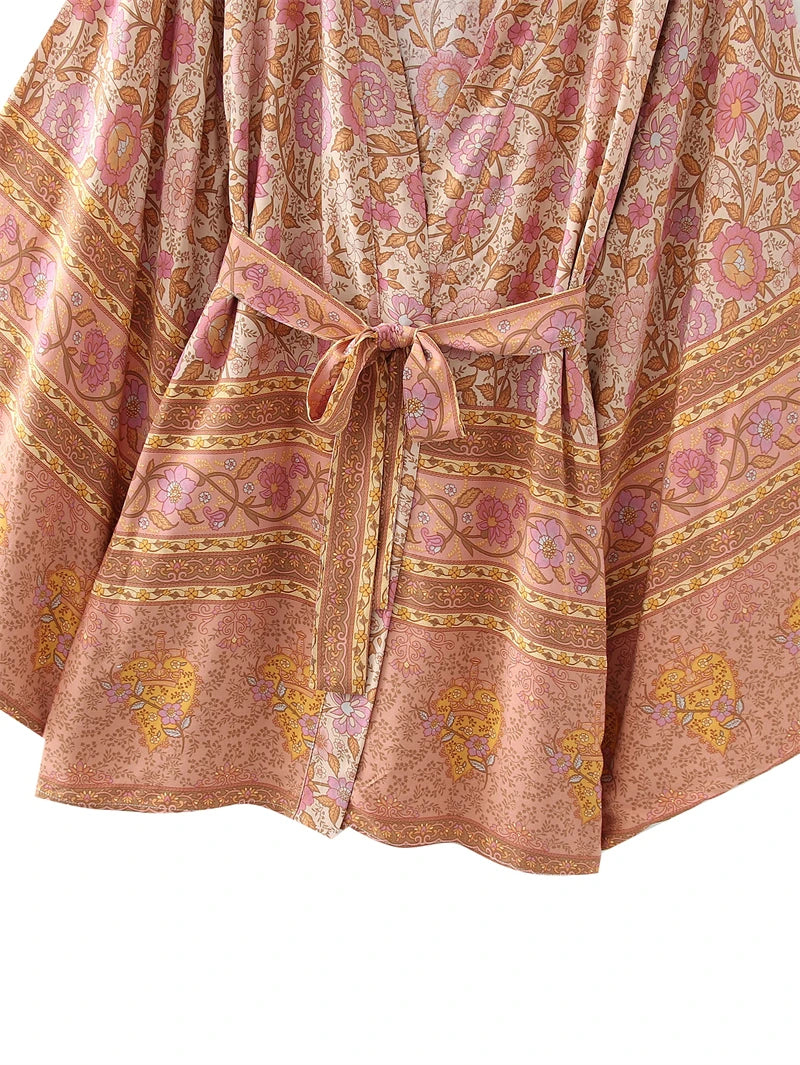 Penny's Boho Floral Print Short Kimono Robe