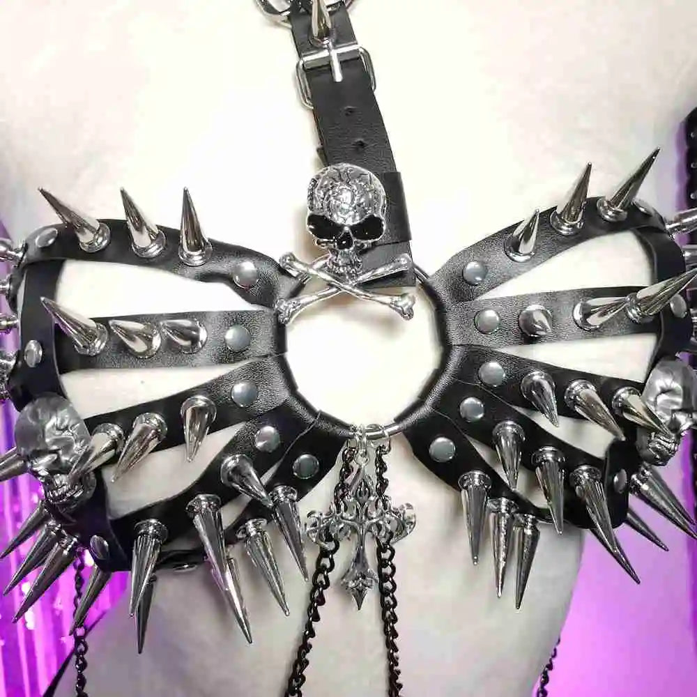 Spike Rivet Studded Goth Punk Rock Grunge Revival Skull Chest Harness