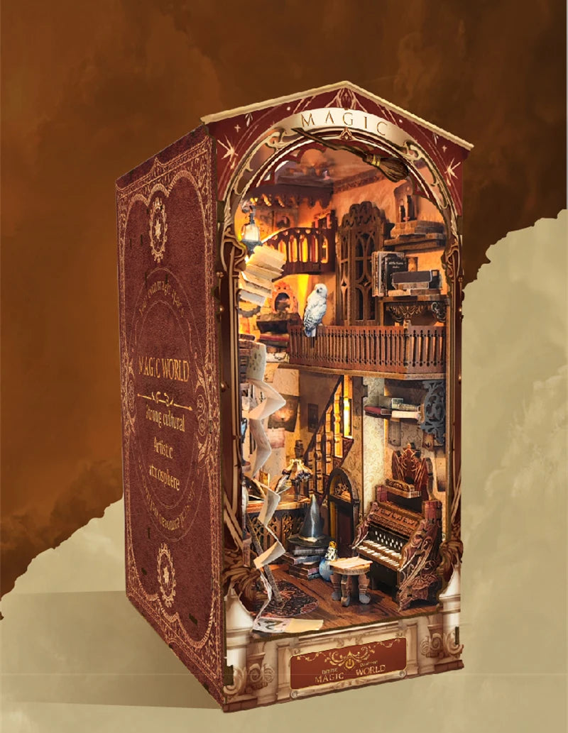 Magic Night Alley DIY Wooden Book Nook Shelf Insert Miniature Building Kits Bookshelf Decor with LED Lights
