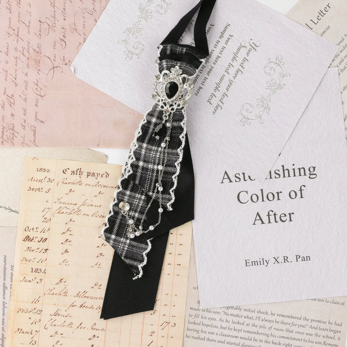 Dark Academia Jabot Plaid Short Necktie Rhinestone Brooch Pearl Chain