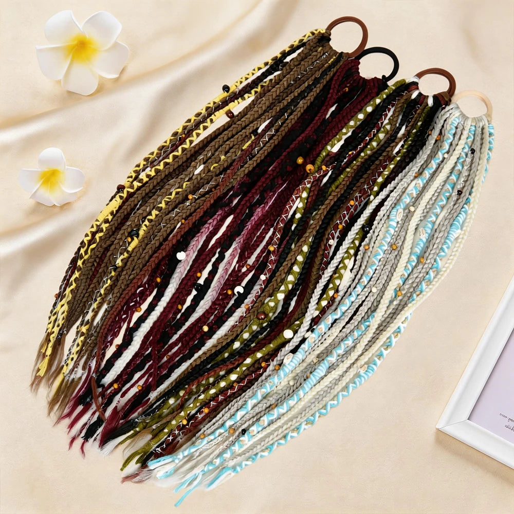 24" Beaded Boho Braided Ponytail Extension Viking Ties Dreadlock Synthetic Hairpiece