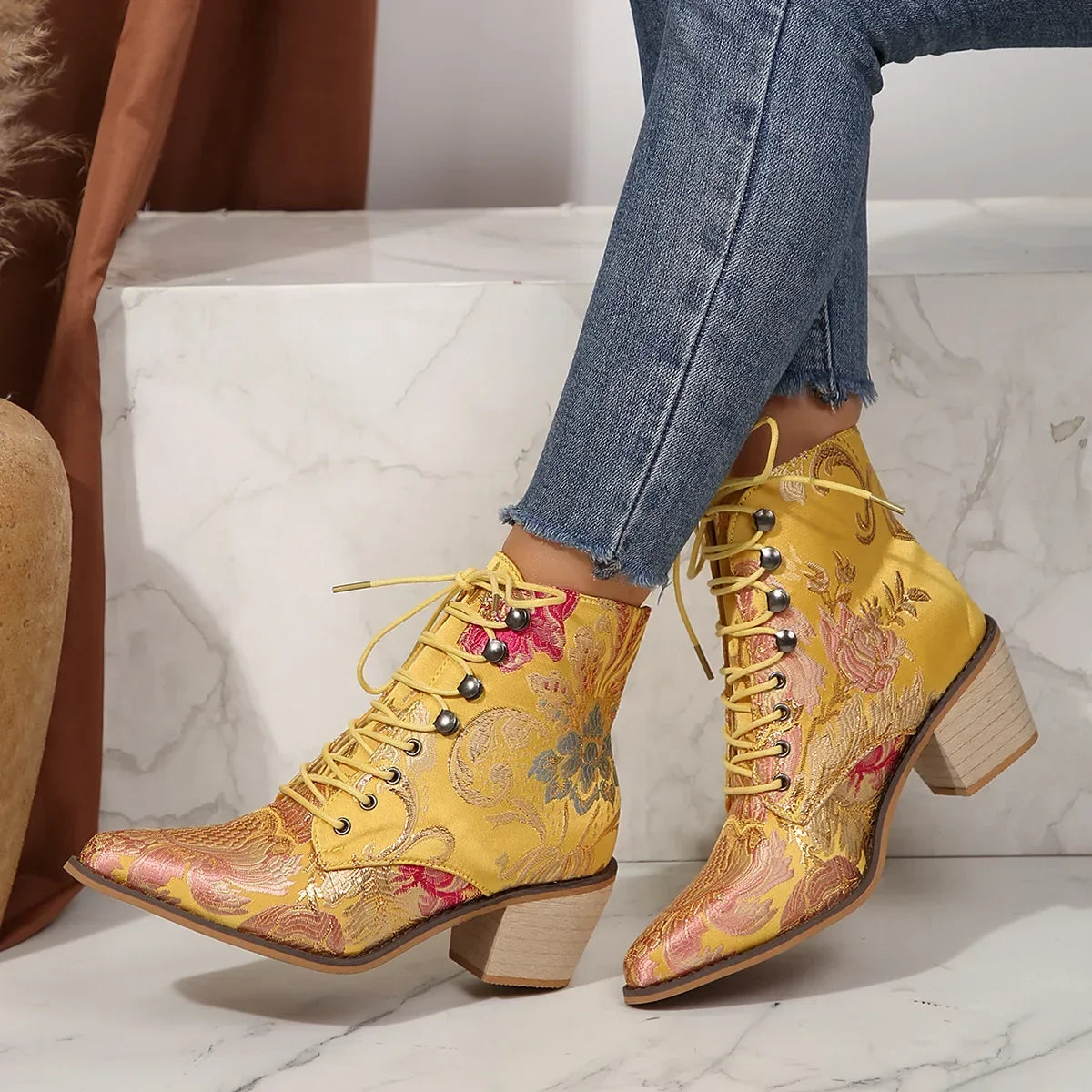 Purple and Golden Marie Antoinette Handmade Embroidered Ankle Boots
