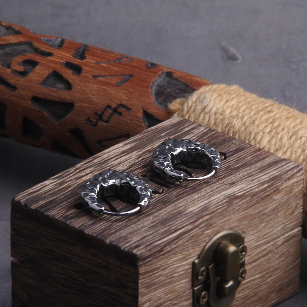 Viking V Stainless Steel Huggie Hoop Earrings for Men with Wooden Box