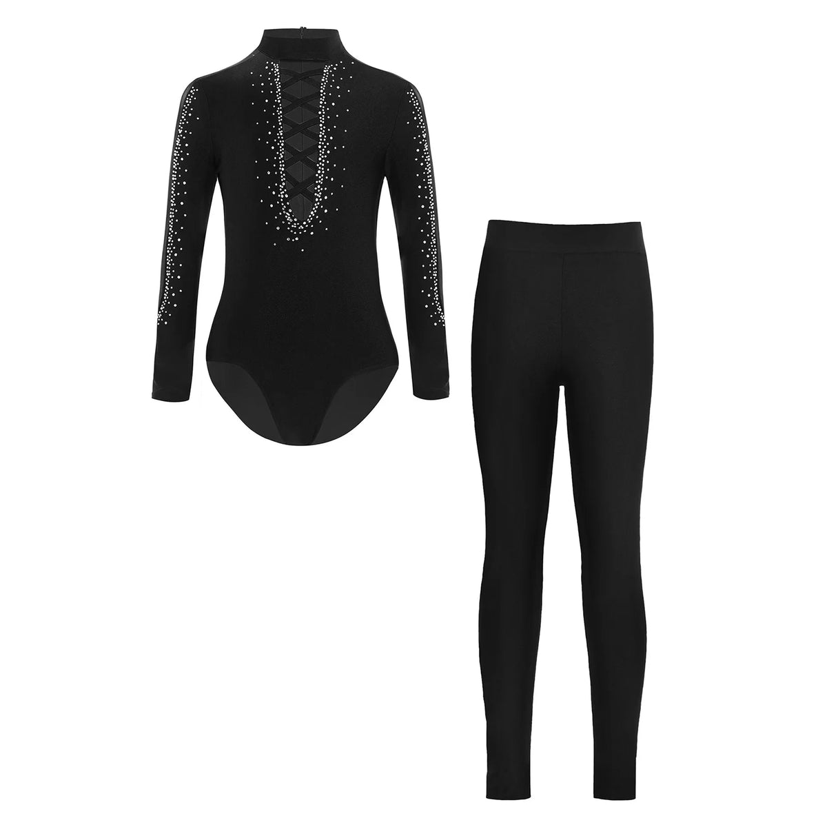 Boys Dance Leotard Ice Skating Gymnastic Long Sleeve Rhinestones Bodysuit with Leggings