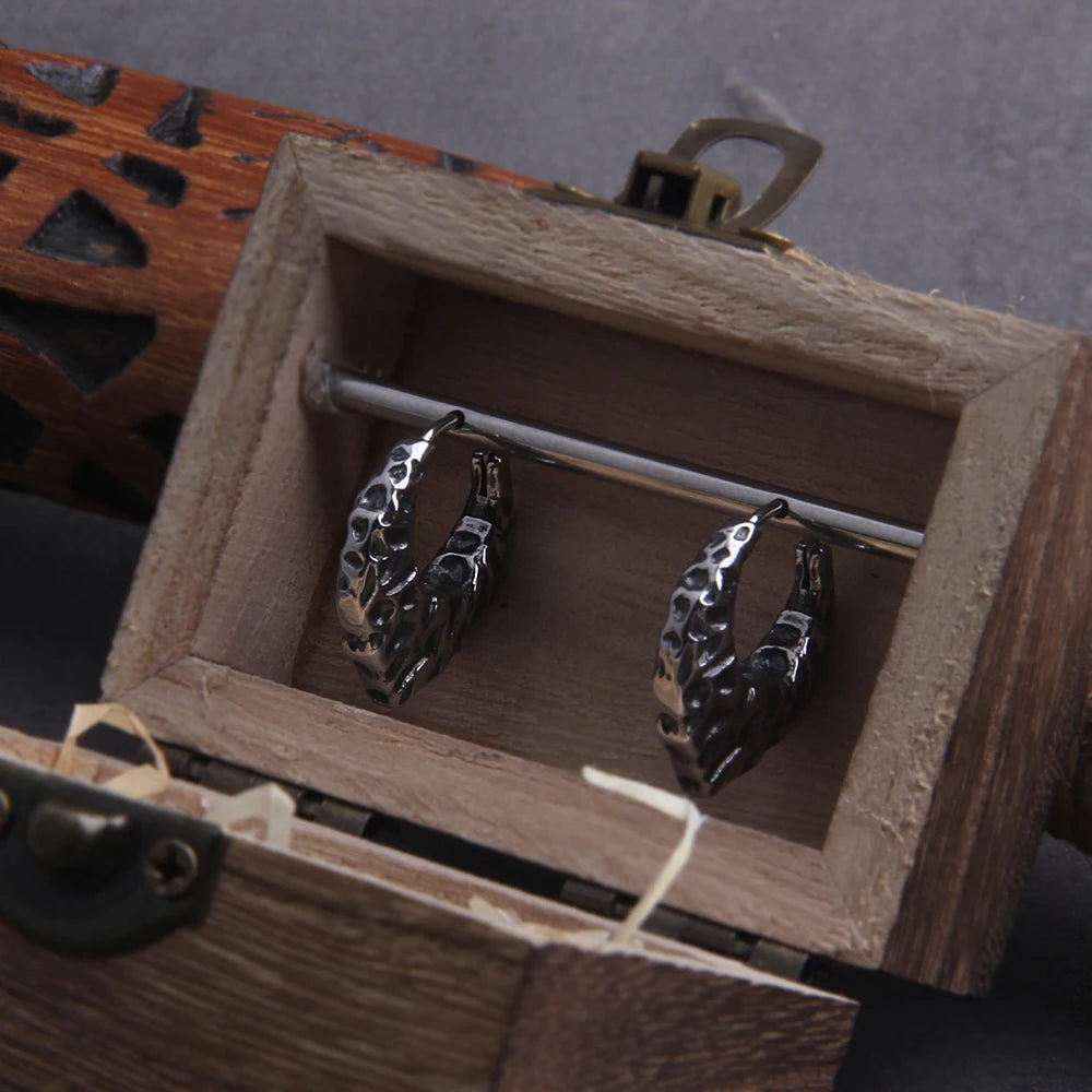Viking V Stainless Steel Huggie Hoop Earrings for Men with Wooden Box