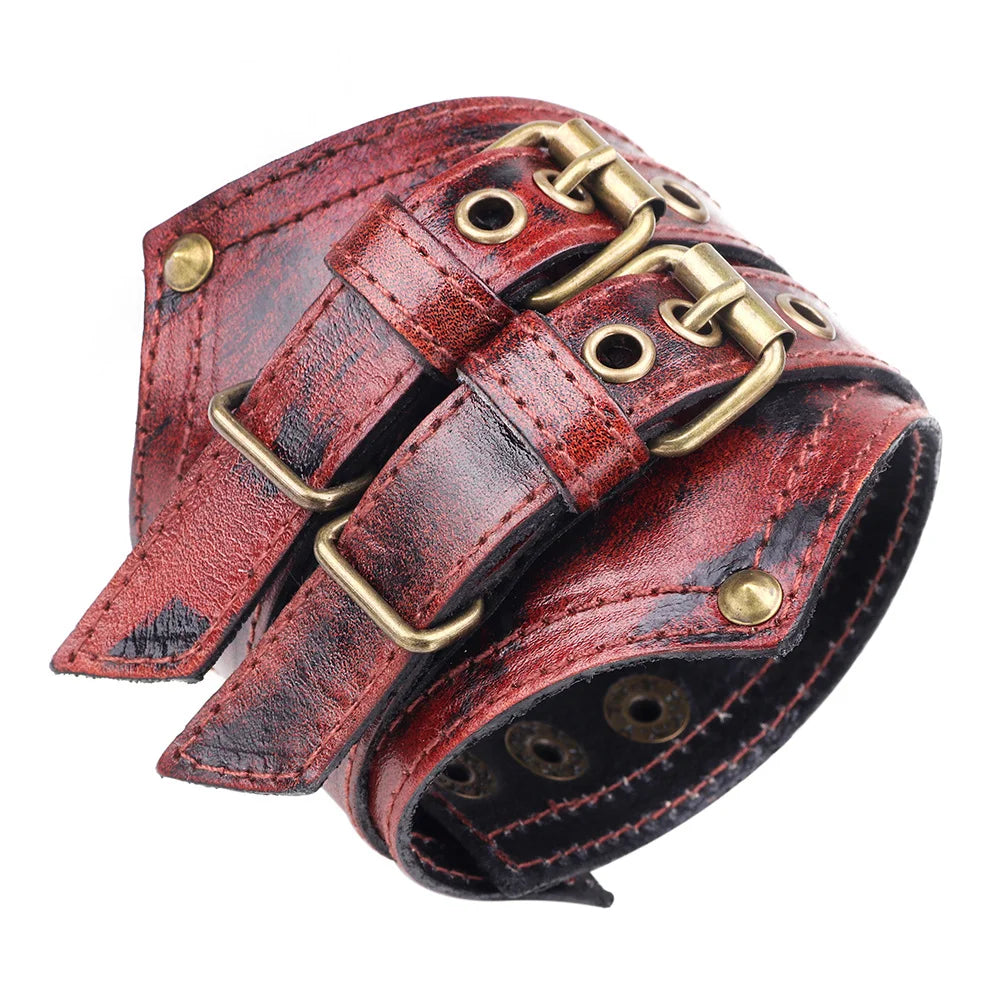 Genuine Leather Men's Wide Leather Wrist Cuff Buckle Bracelet