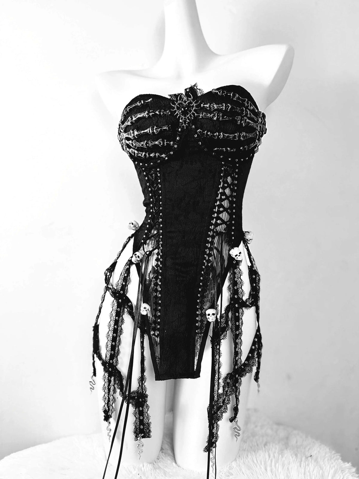 Pure Black Gothic Black Skeleton Hands Laced Corset Top