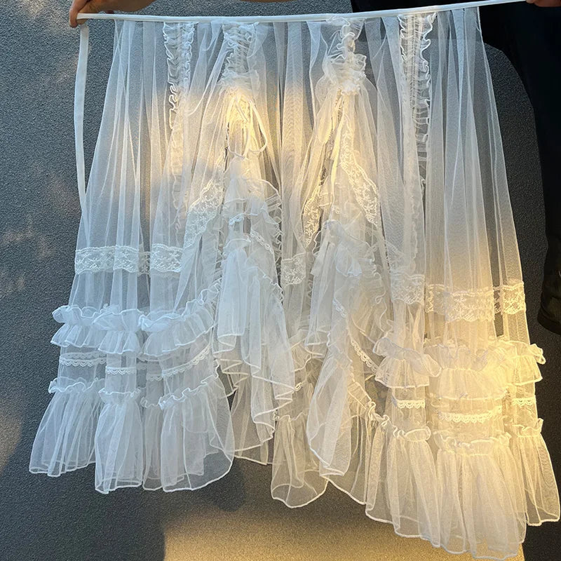 Lolita Drawstring Mesh Skirt Sheer Cover-up Over Layer