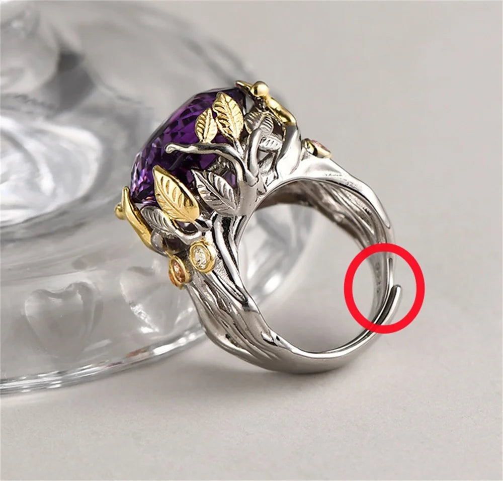The Weaver's Treasures S925 Sterling Silver Rings Golden Leaves Natural Amethyst Tourmaline
