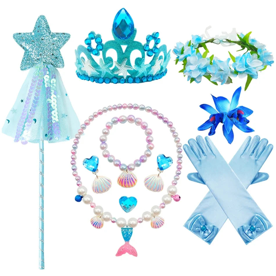 Mermaid Accessories Gloves Wand Crown Jewellery Set Wig Necklace Braid Cosplay Halloween Birthday Party