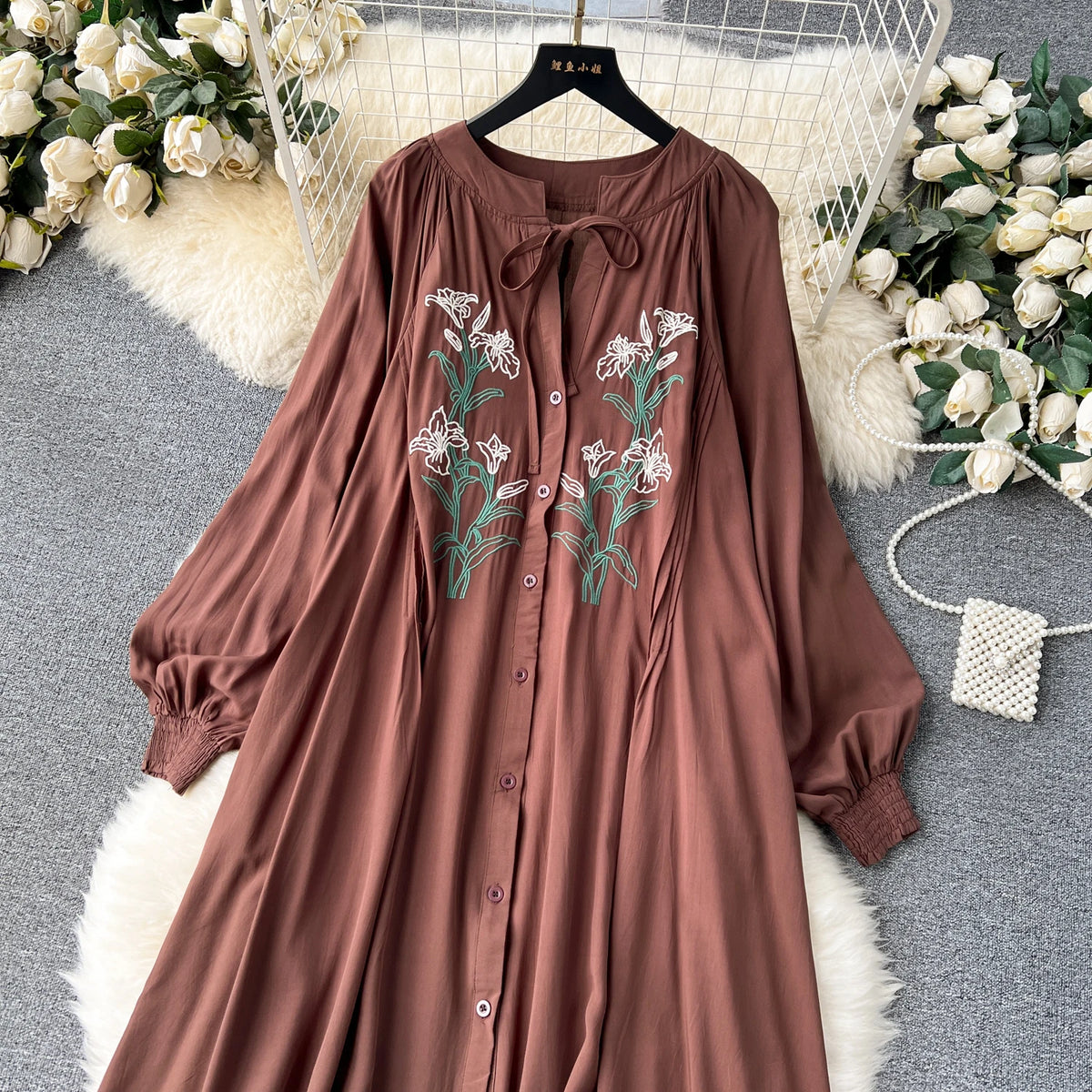 Olive's Embroidered Long Sleeve Shirt Dress