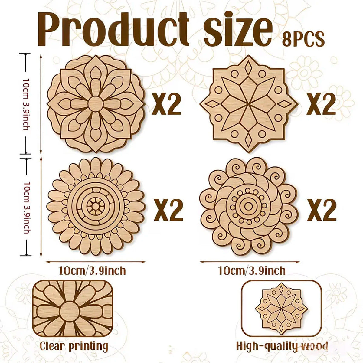 8Pcs Mandala Flower Wooden Shapes Set Unfinished Wood Wall Art DIY Craft
