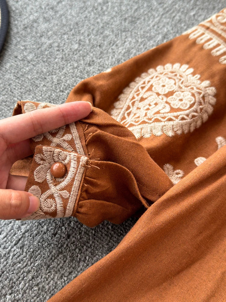 Georgia's Embroidered Boho Cotton Linen Long Sleeves Mini Dress