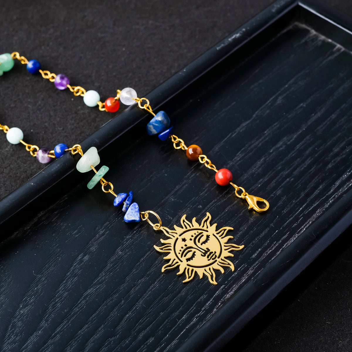 A pair of Handmade Natural Stone Chip Beaded Hair Chain Sun and Moon