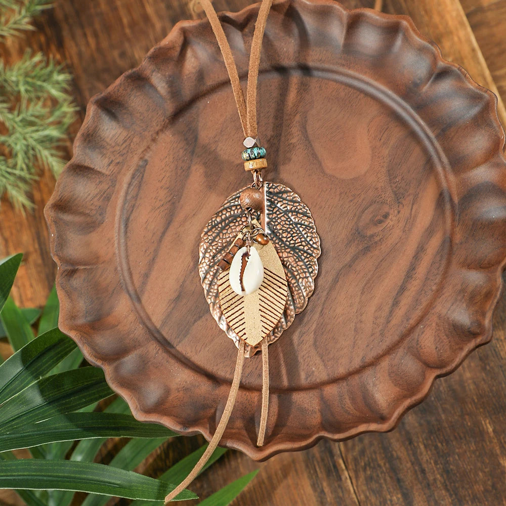 Forest Dweller Boho Leaf PU Leather Pendant Necklace Jewellery Sweater Chain