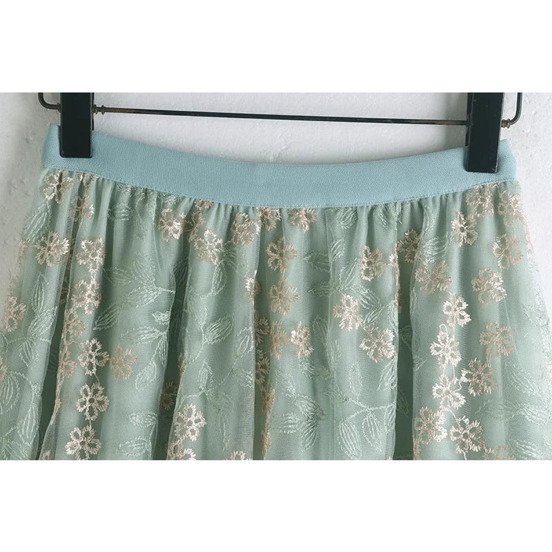 Primrose's Floral Tulle Skirt Embroidered Lace High Waist Midi Skirt